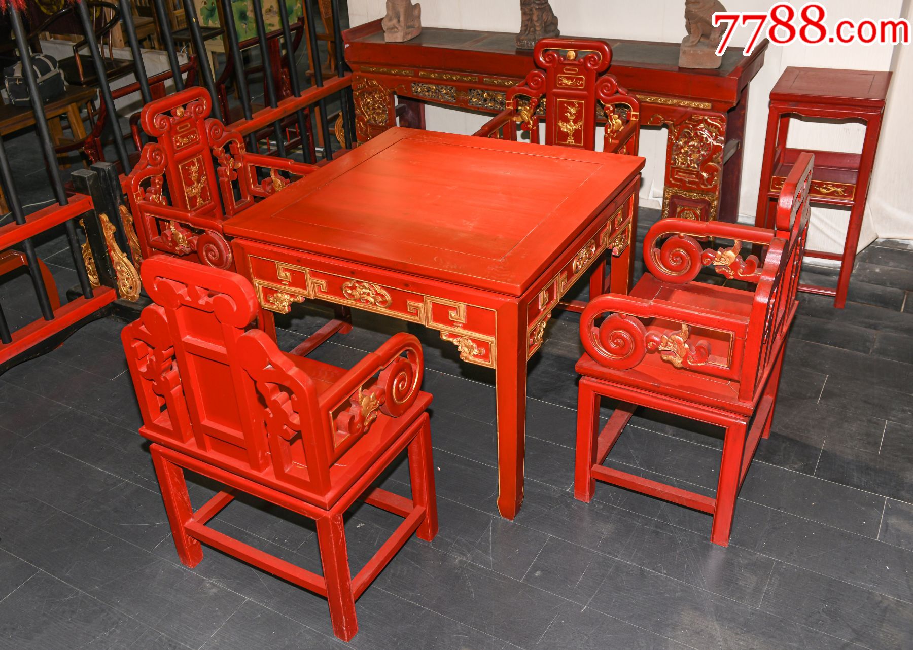 mj00005大红八仙桌太师椅5件套桌长98宽98高83