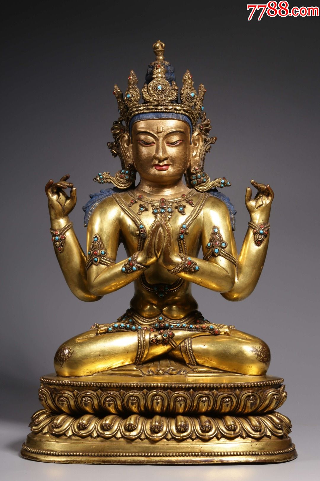 铜鎏金嵌宝四臂观音坐像-铜像/铜佛像-7788书画网