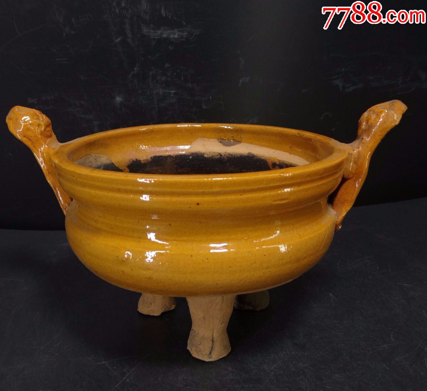 138古玩董老货真品收藏包真清代民国地方窑黄釉三足双耳鼎式香炉
