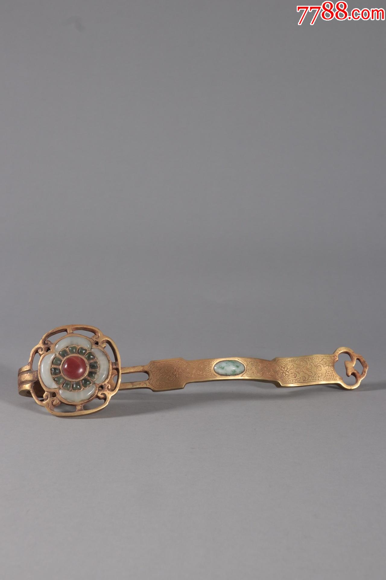 旧藏铜鎏金镶玉如意摆件