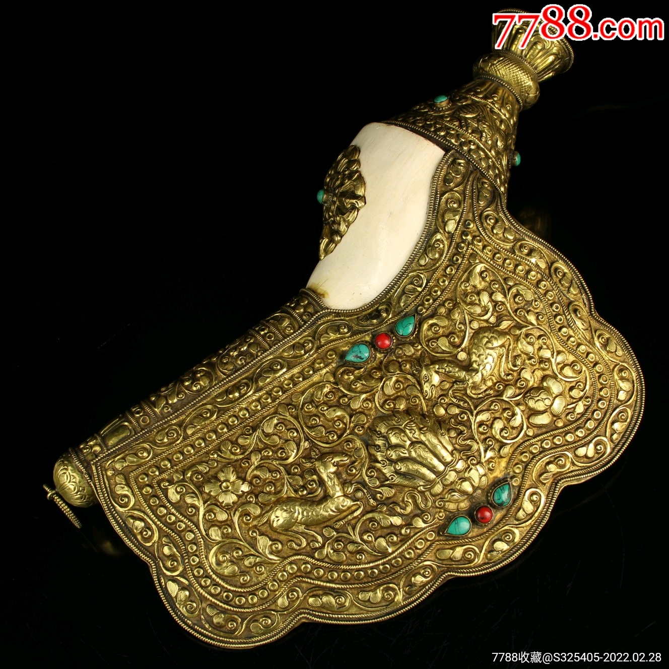 寺院收老纯手工打造天然左旋海螺包铜皮鎏金镶嵌宝石藏传密宗法螺法器