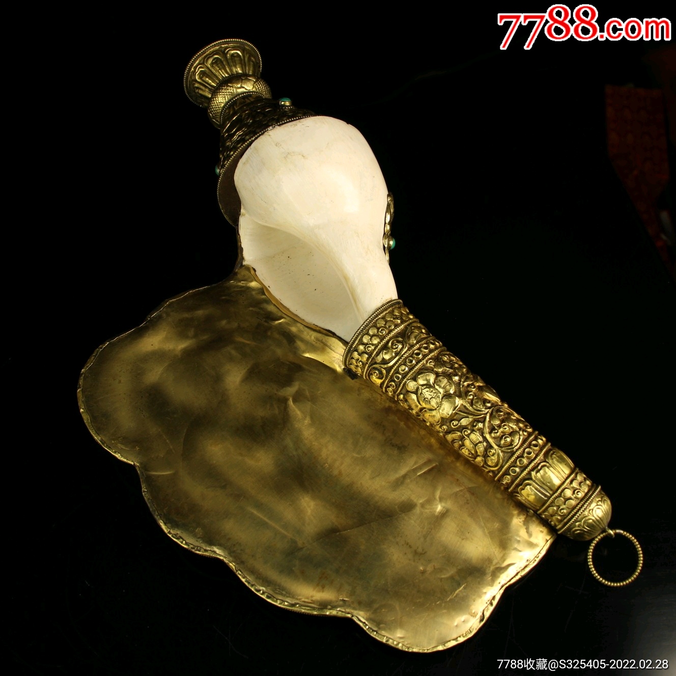 寺院收老纯手工打造天然左旋海螺包铜皮鎏金镶嵌宝石藏传密宗法螺法器