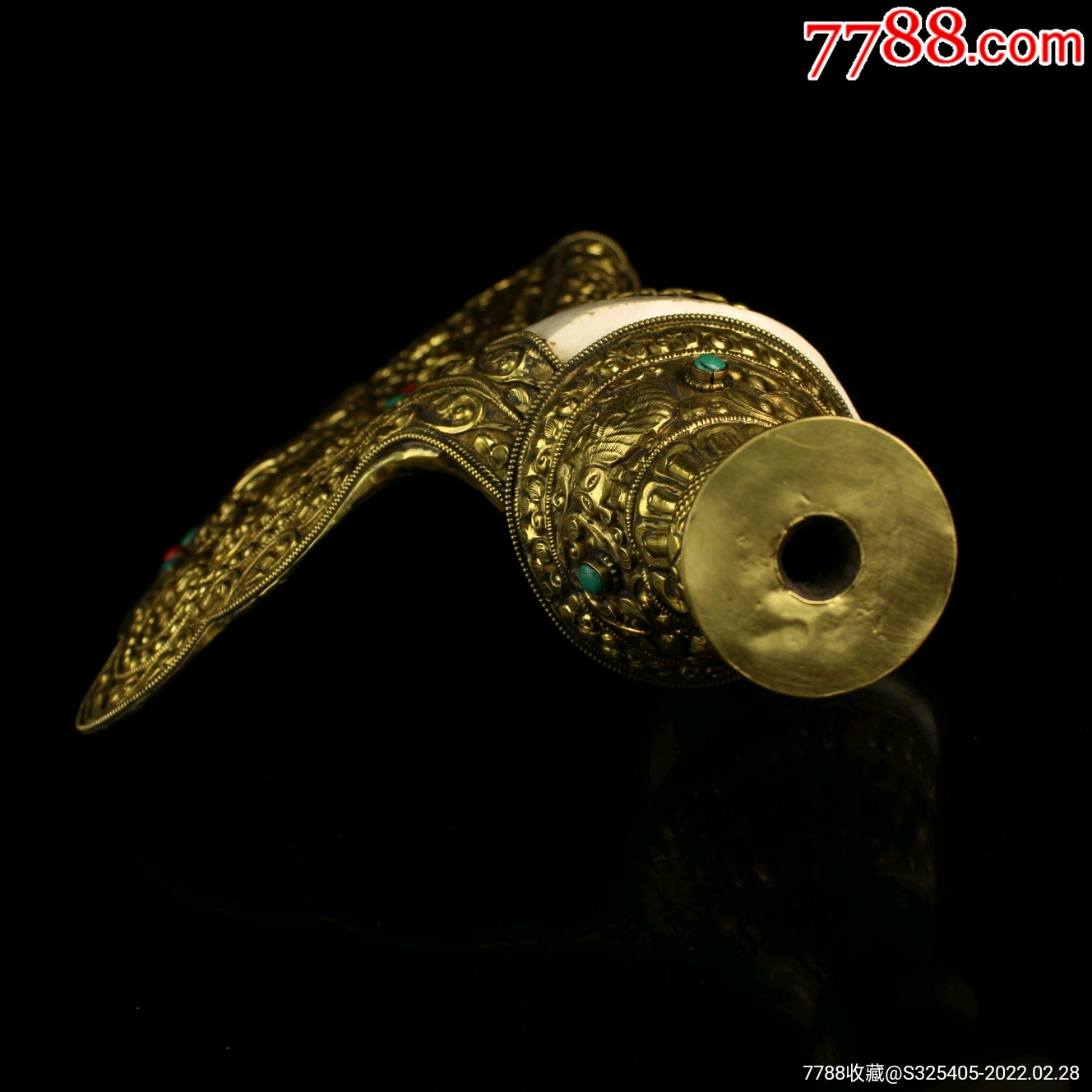 寺院收老纯手工打造天然左旋海螺包铜皮鎏金镶嵌宝石藏传密宗法螺法器