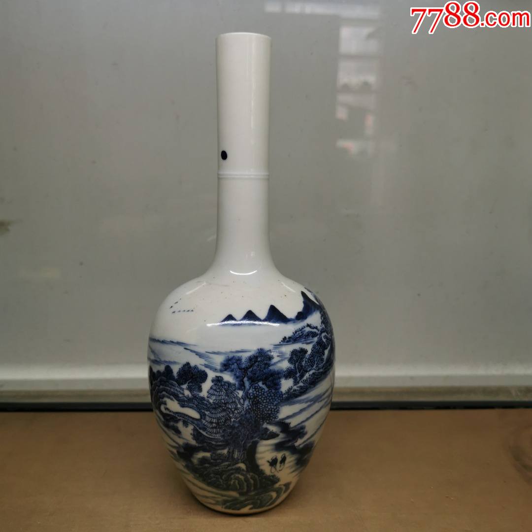 清代青花山水长颈瓶_青花瓷_产地图片_收藏价值_7788奇石收藏