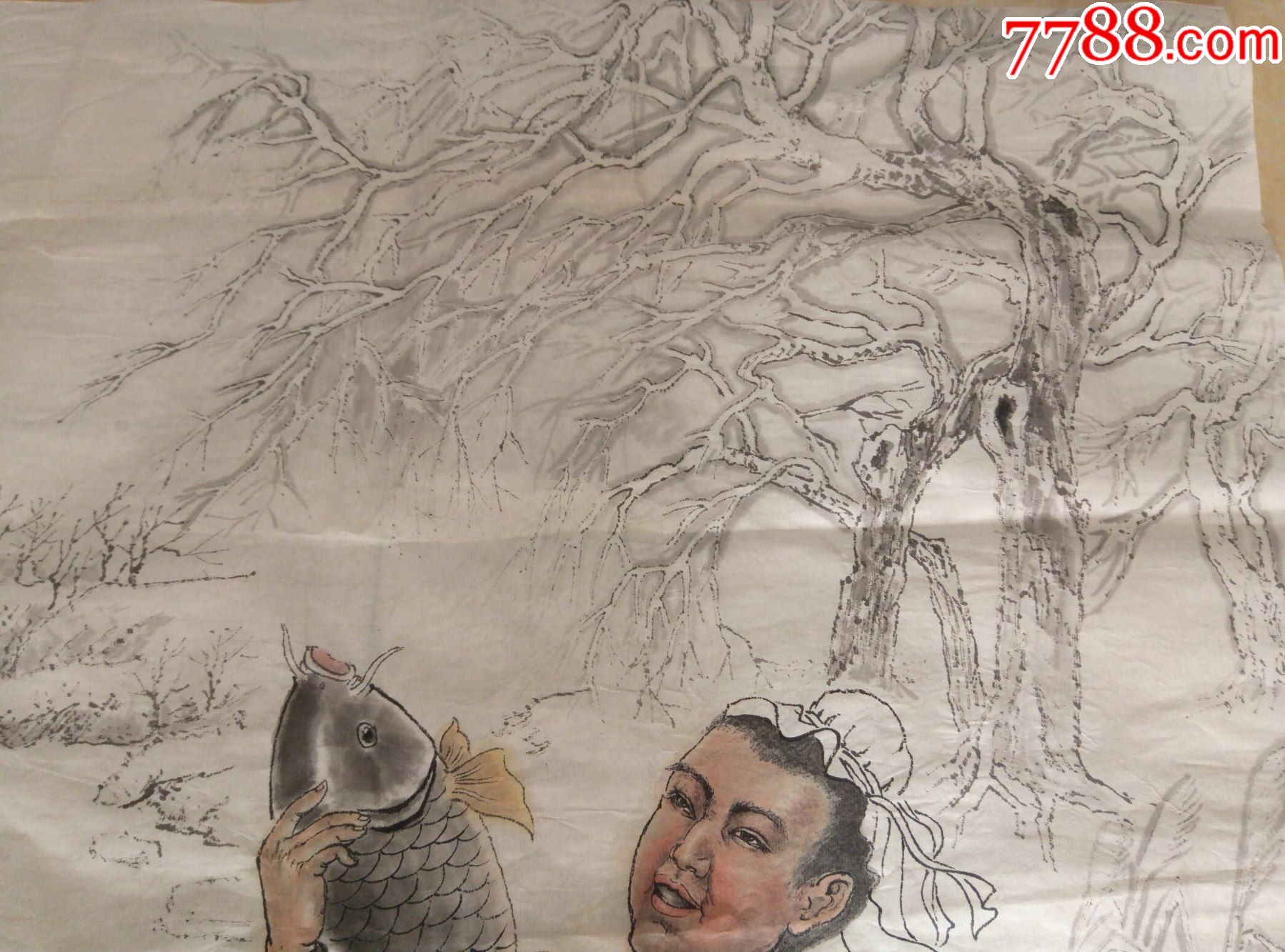 老艺术家工笔水墨画王小抱鱼纯手绘非印刷