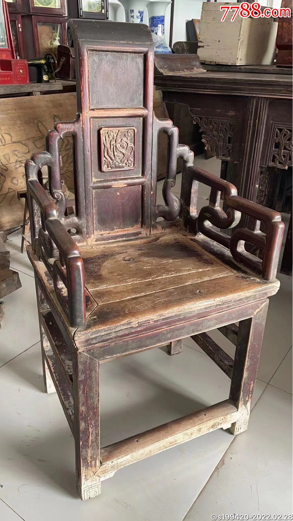 清早期榆木太师椅后背高卷梳座板已损坏其余完整座面5447高52