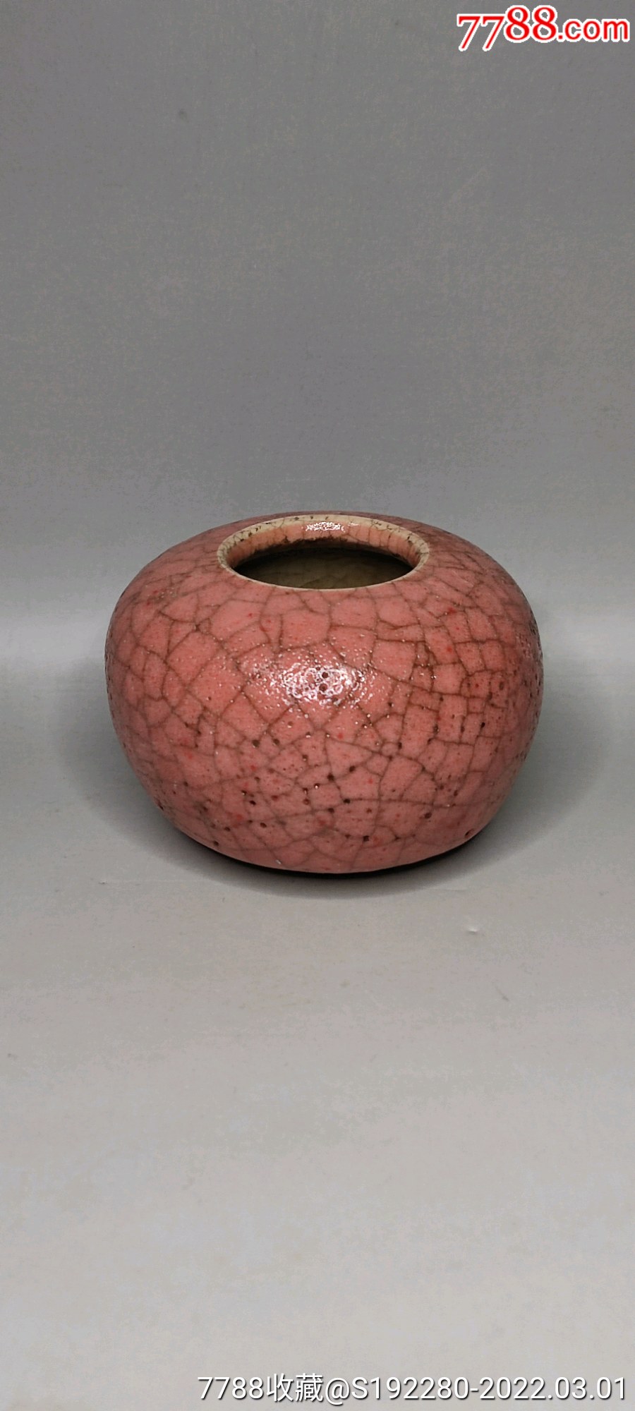 胭脂红水盂工艺品文房用品典型的猪毛孔小开片直径75cm高5cm