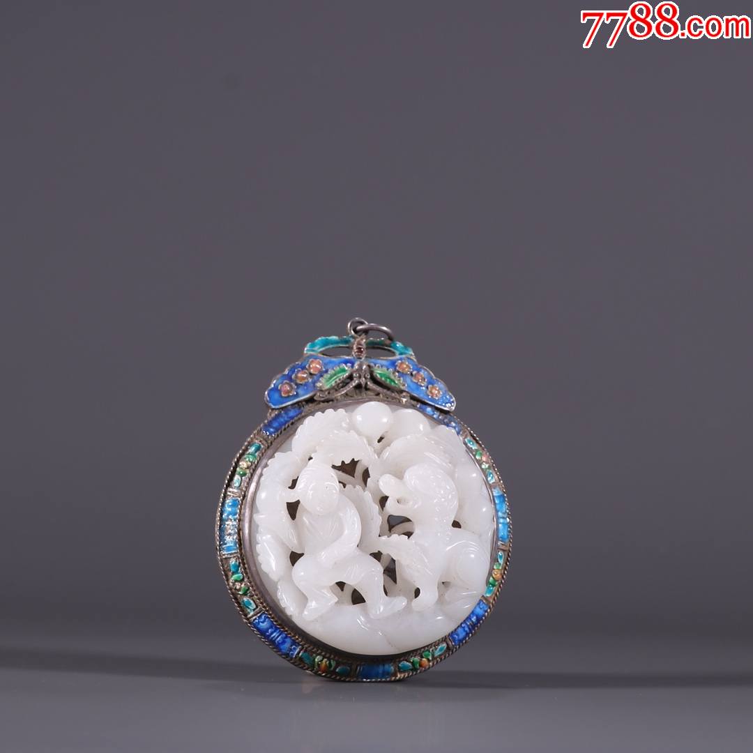纯银烧蓝镶和田玉狮子戏球挂件