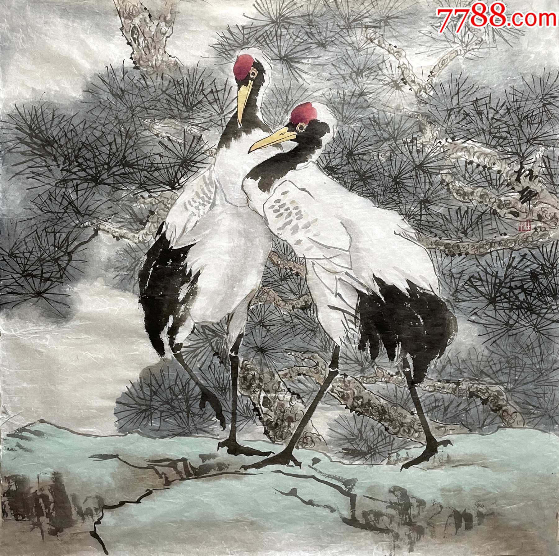 中国美协会员终身保真杜平四尺斗方花鸟画1松鹤寿图