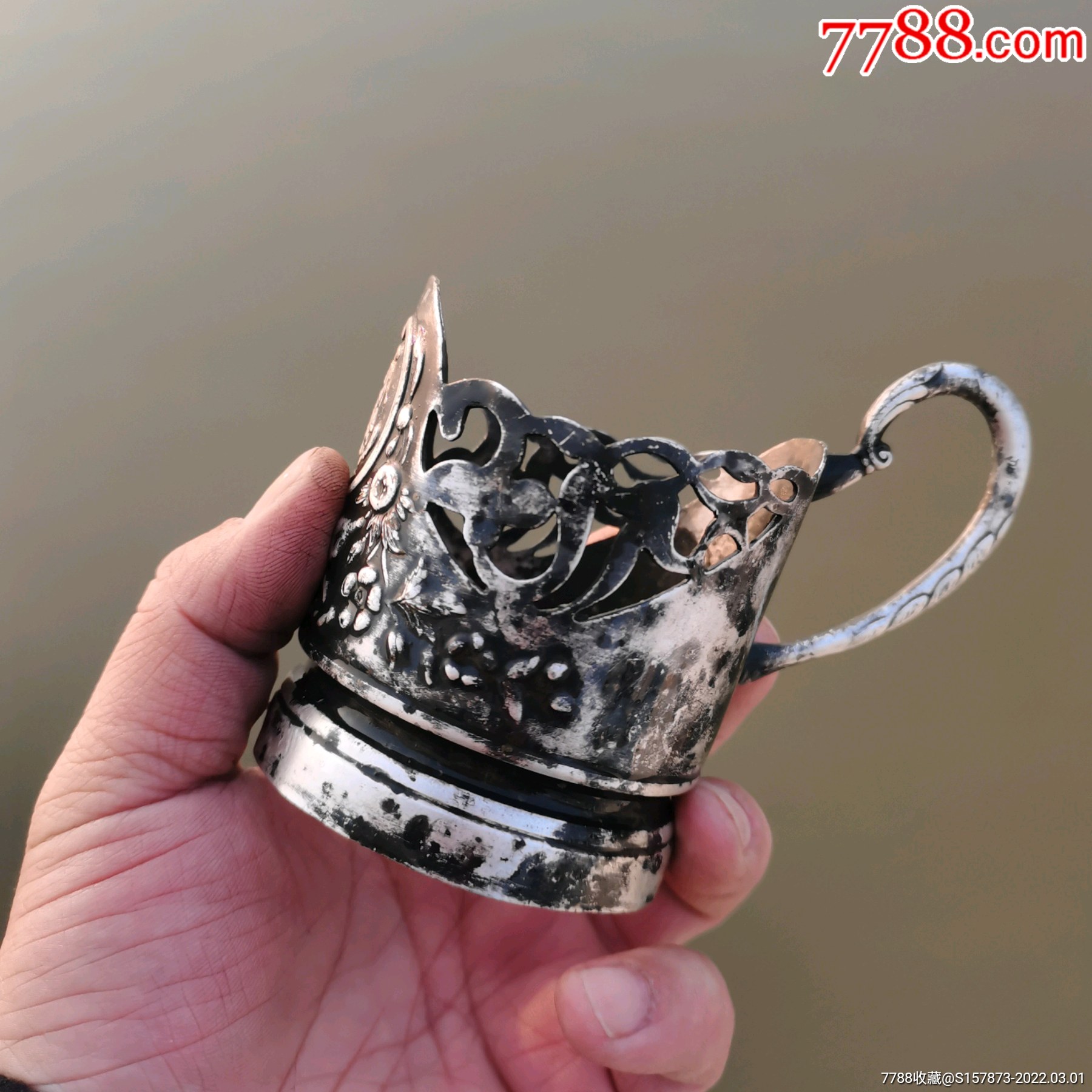 民国时期全品银质人物骑士花卉杯托重1213g把高95cm包杯处78cm