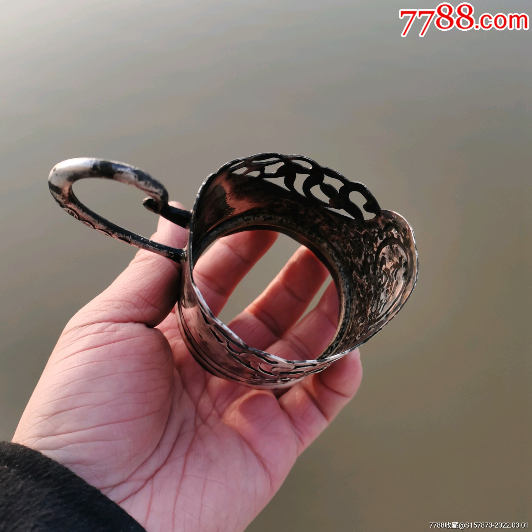 民国时期全品银质人物骑士花卉杯托重1213g把高95cm包杯处78cm