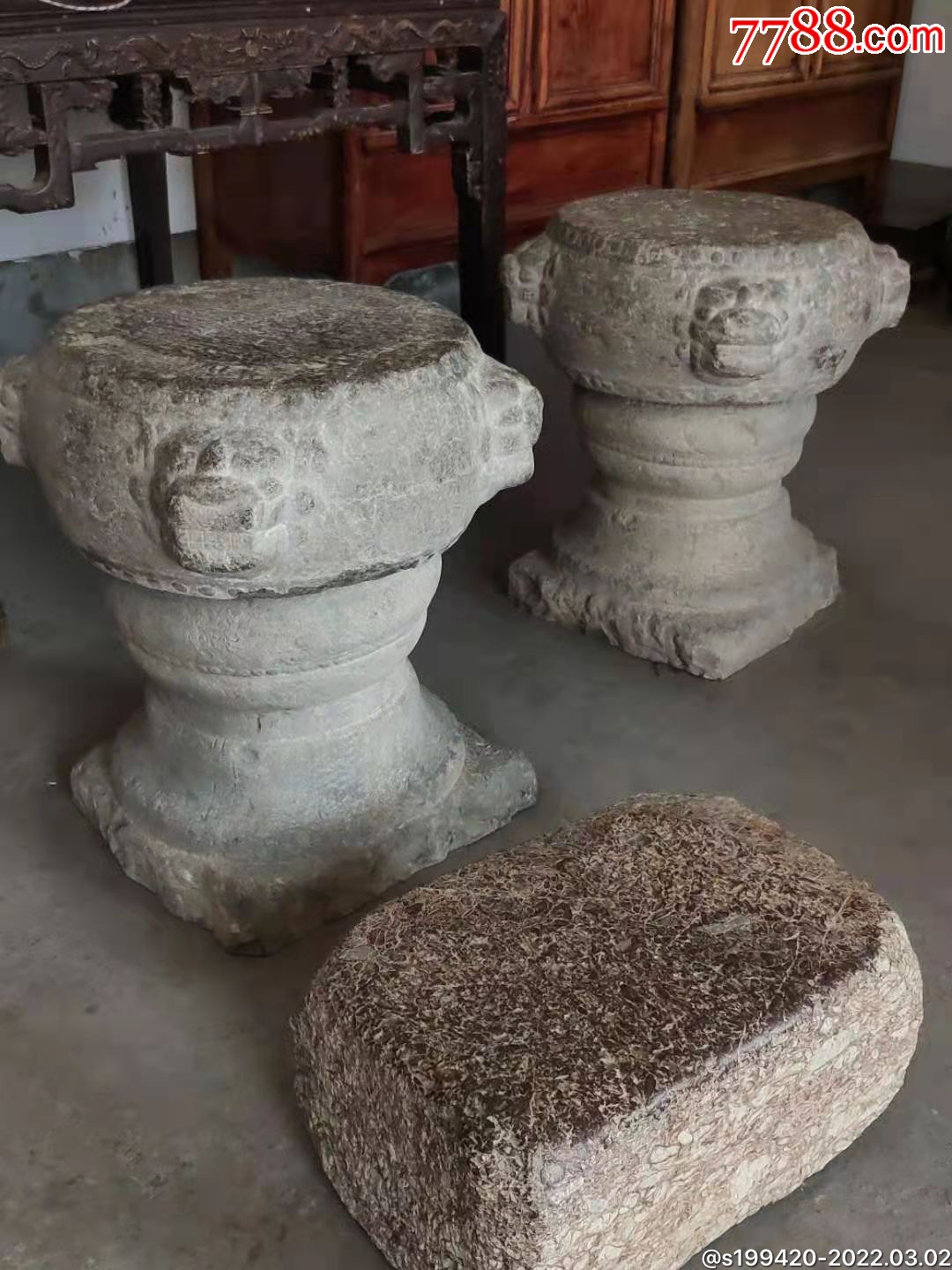 清中期青石石墩一对兽头满工雕刻全品无残包老保真