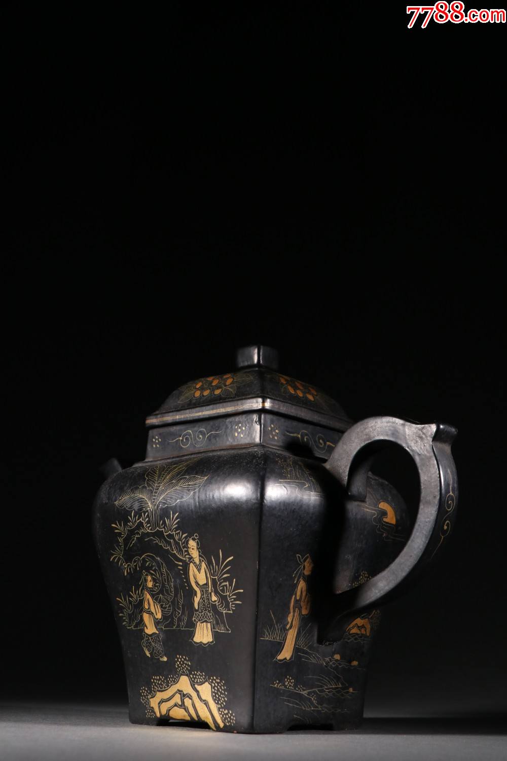 紫砂黑釉描金人物图茶壶