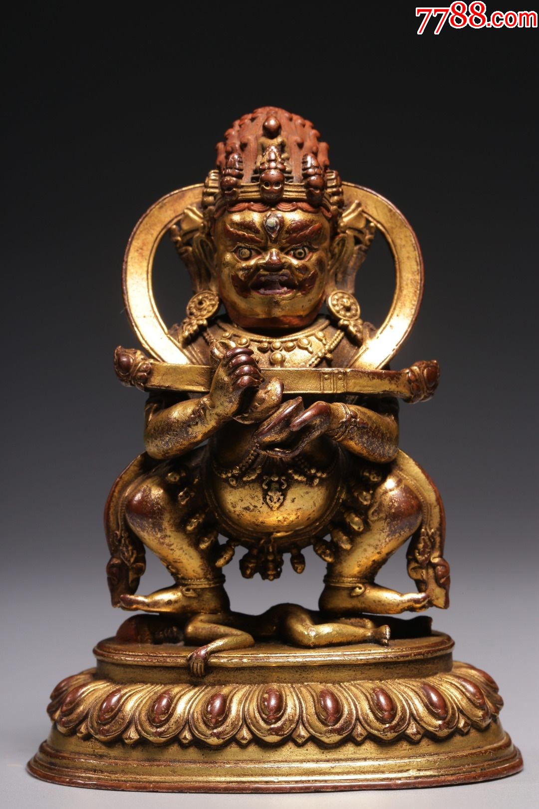 清代铜鎏金宝杖怙主造像