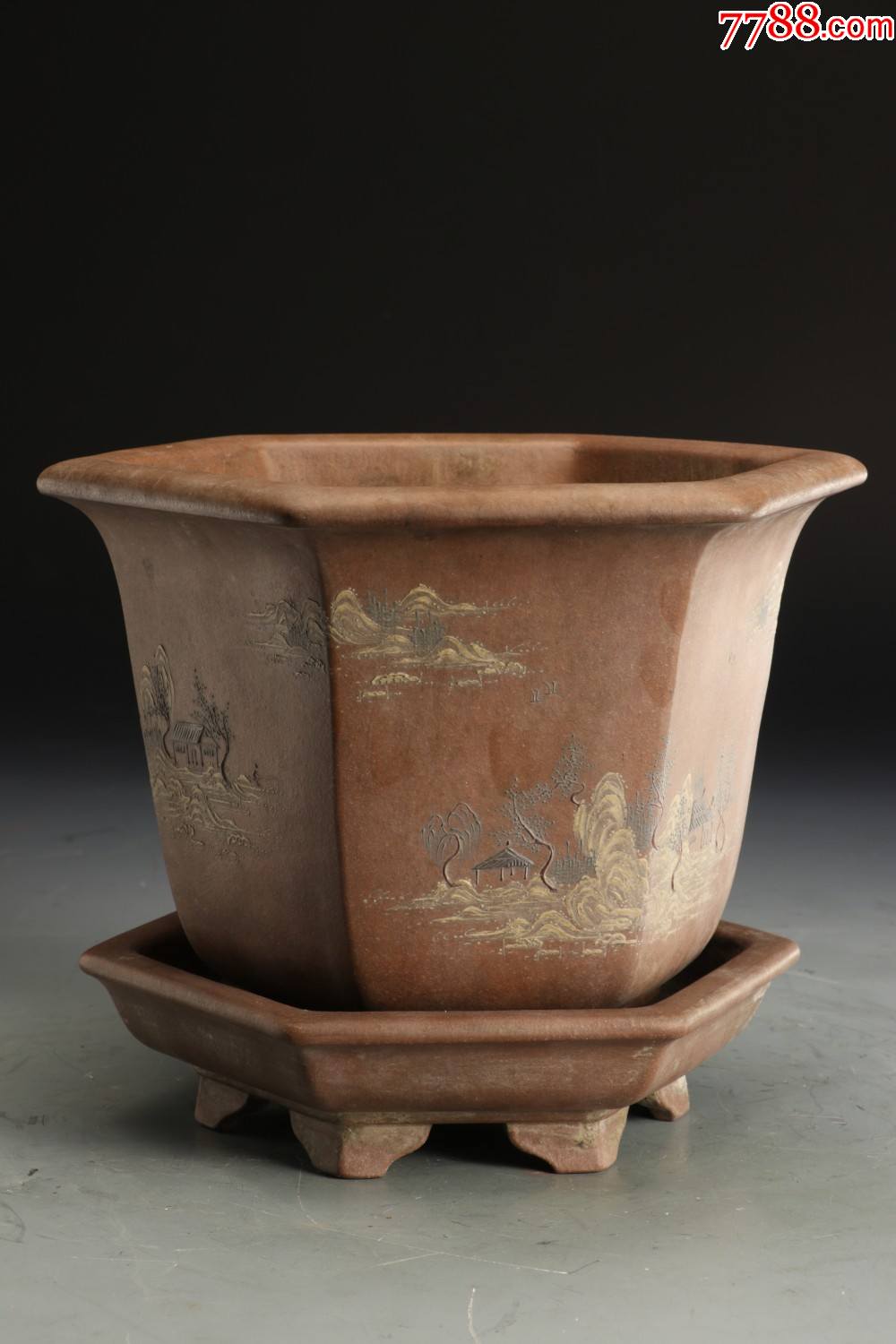 紫砂彩绘山水风景图花盆一对