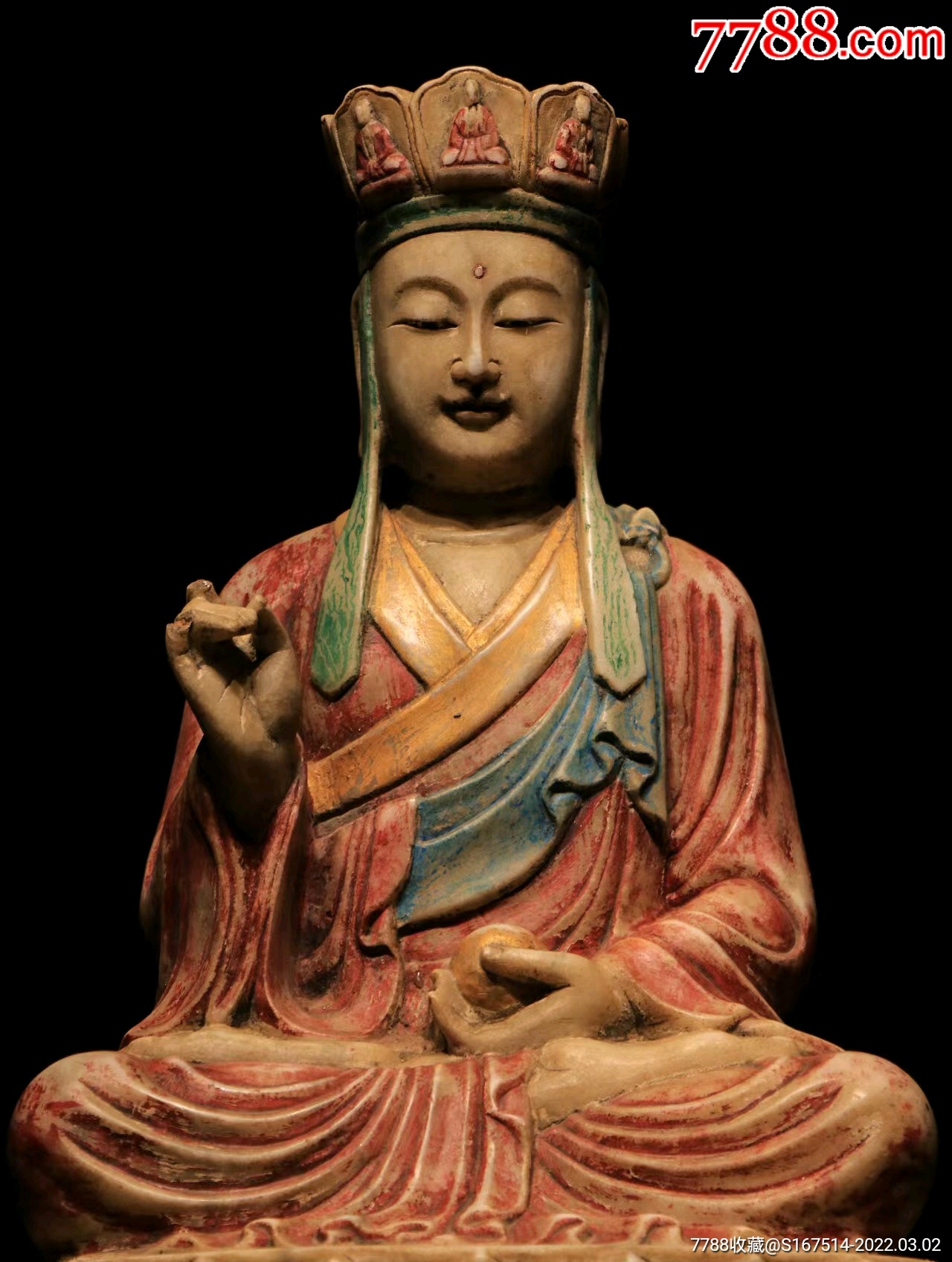 地藏王菩萨造像汉白玉高58长36宽30厘米开脸慈祥头戴毗卢冠身着僧袍袈