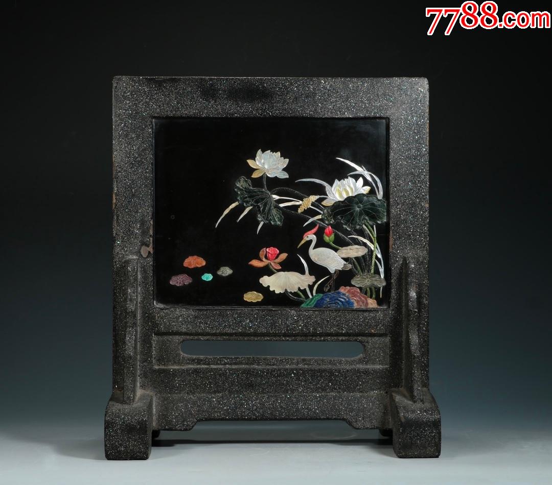 木胎大漆洒螺钿嵌百宝花鸟插屏