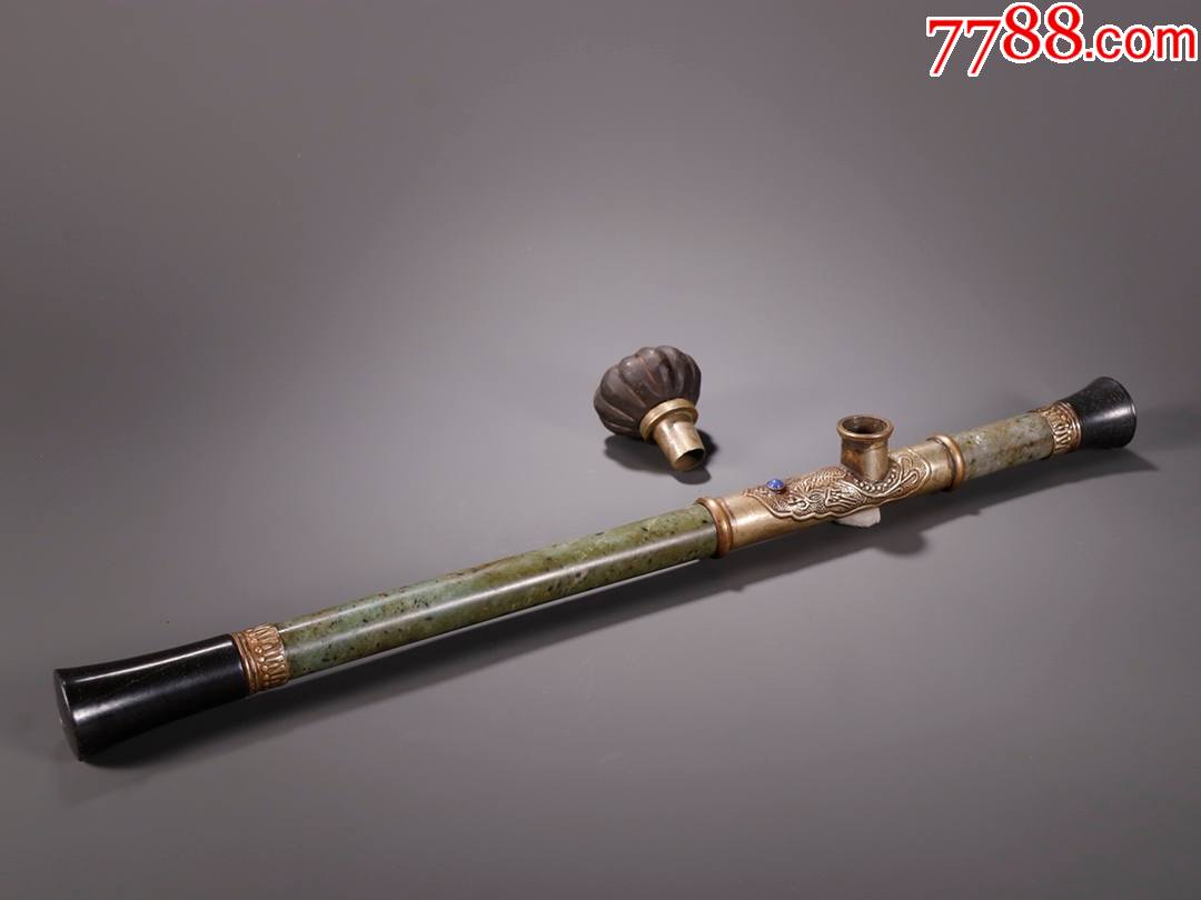 旧藏老翡翠包铜镶紫檀烟枪