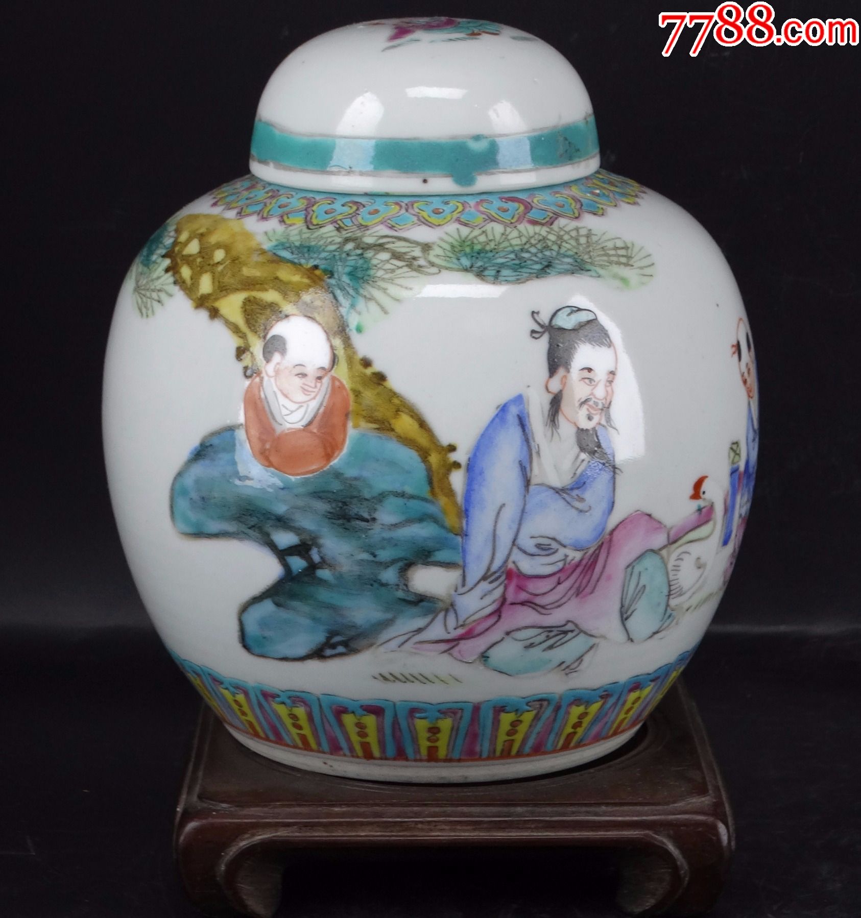 126清代民国王羲之爱鹅题材故事china款五彩人物原盖盖罐无鸡爪精品