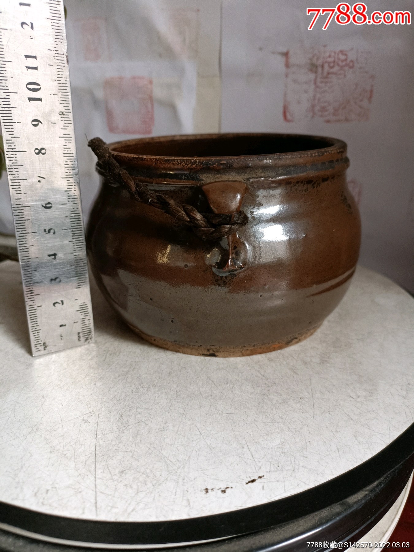 清代老窑紫金釉双耳罐完整保老保真