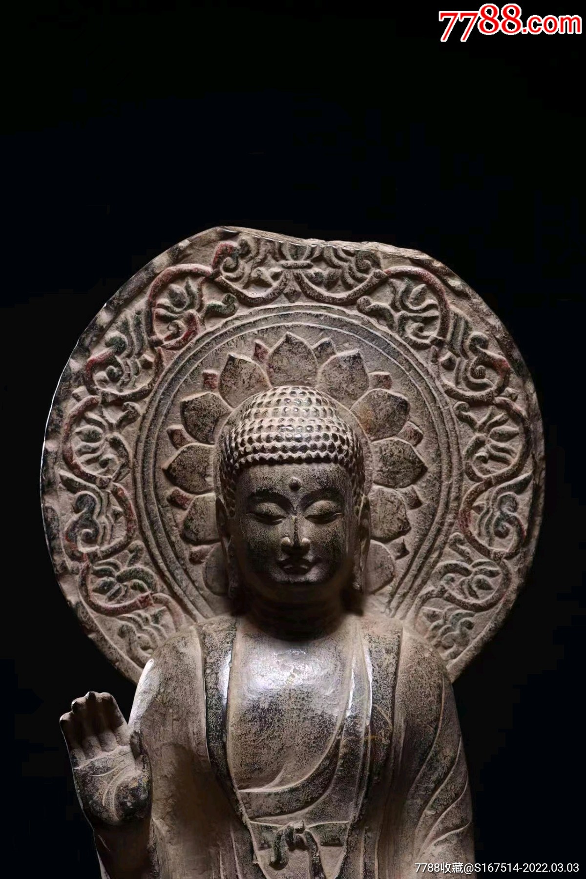 释迦摩尼背光坐佛青石尺寸高70宽38厚29造像面相圆润丰满大耳