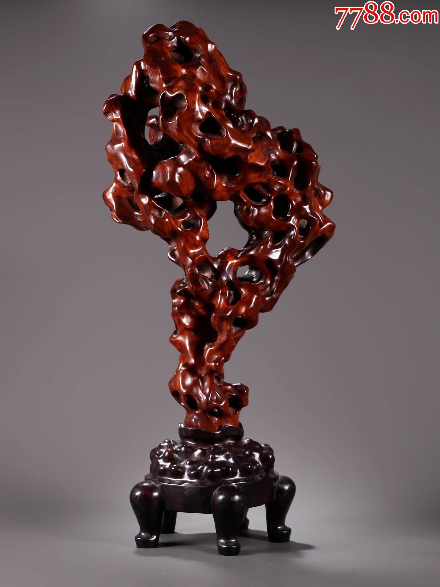 黄杨木带紫檀木底座仿灵璧石摆件