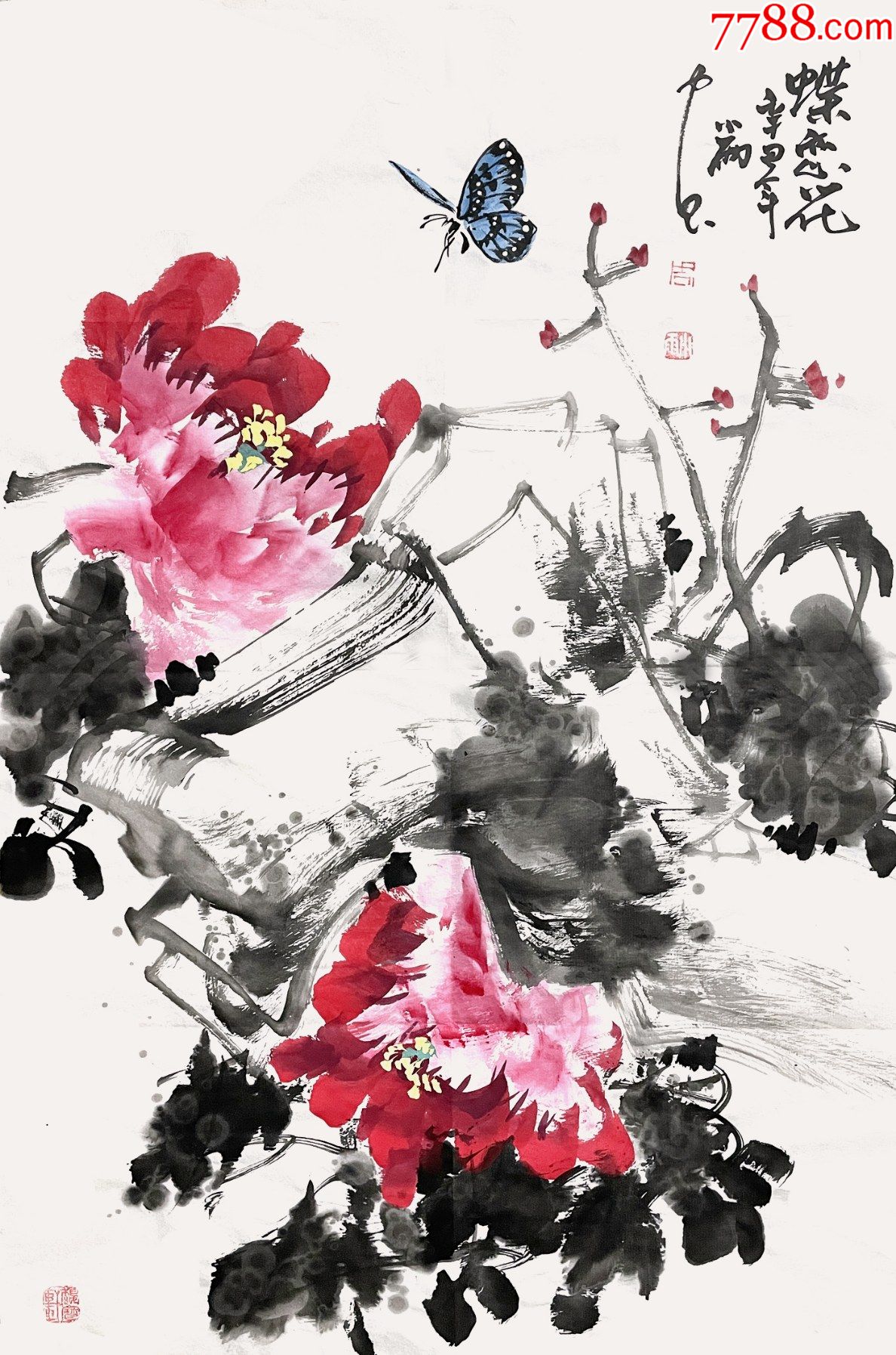 辽宁美协会员四尺三开水墨花鸟画35牡丹蝶恋花_花鸟国画原作_第1张