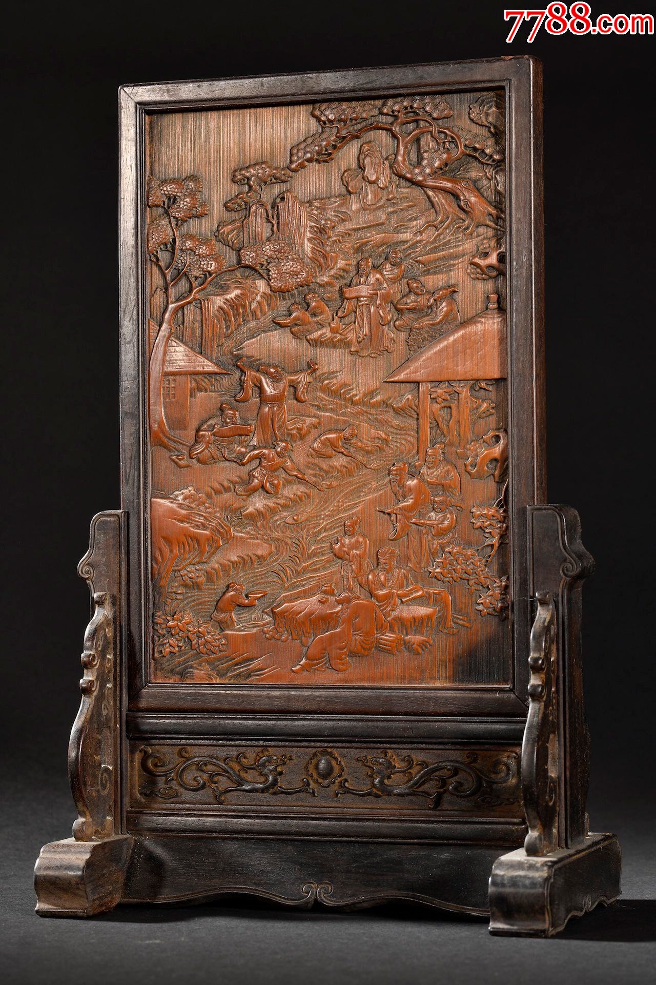 红木镶竹雕人物故事插屏