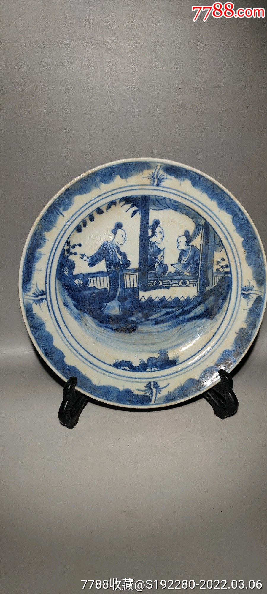 青花瓷器青花盘子工艺品人物故事青花盘画工一流青花发色漂亮三个人物