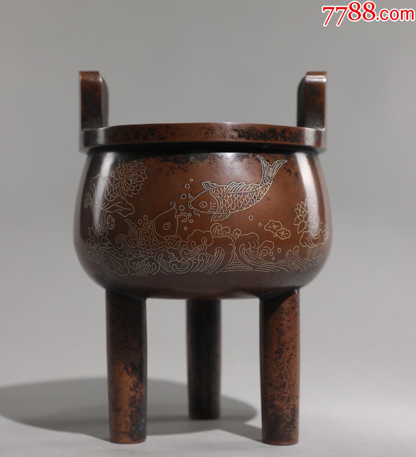 5品99铜鎏金狮子戏球双兽耳香炉￥4,0009.