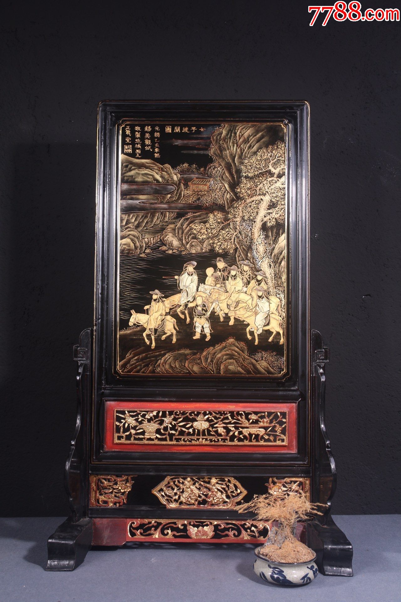 黑漆描金七子渡关图插屏_木屏风_图片价格_收藏价值_7788铜锁收藏