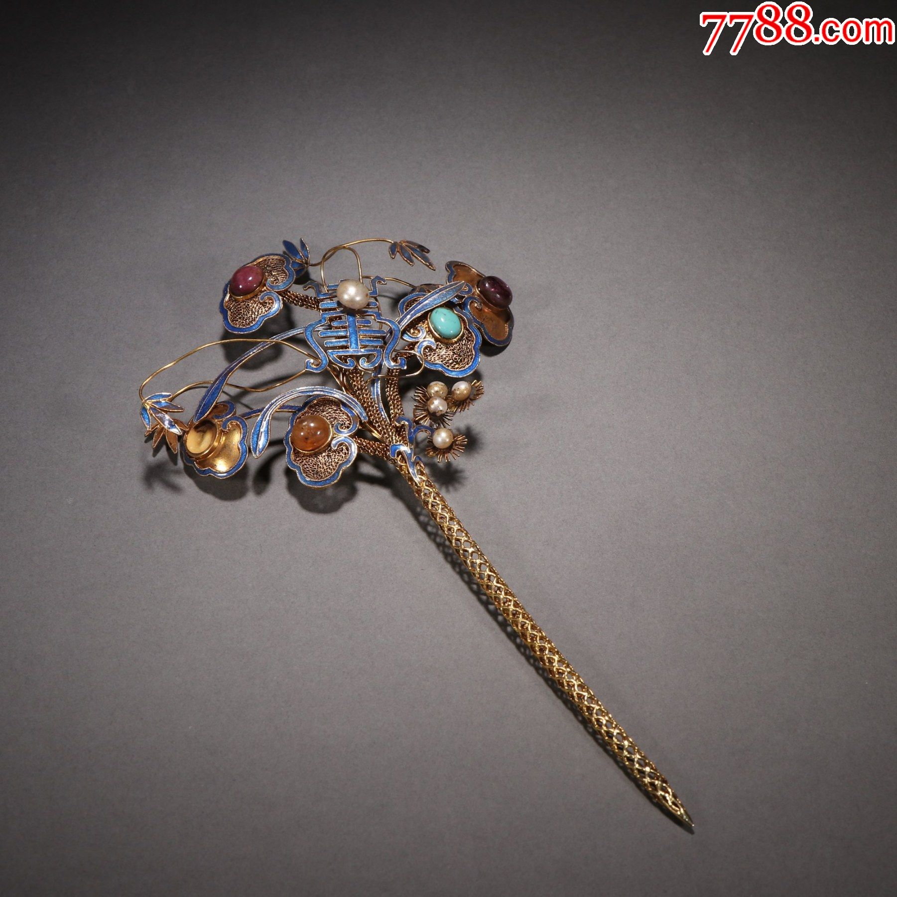 银鎏金镶宝石珍珠寿字发簪