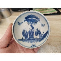 玉字款，清代福禄寿三星小盘（口部有剥釉没有冲线）_青花瓷_宣城旧书斋