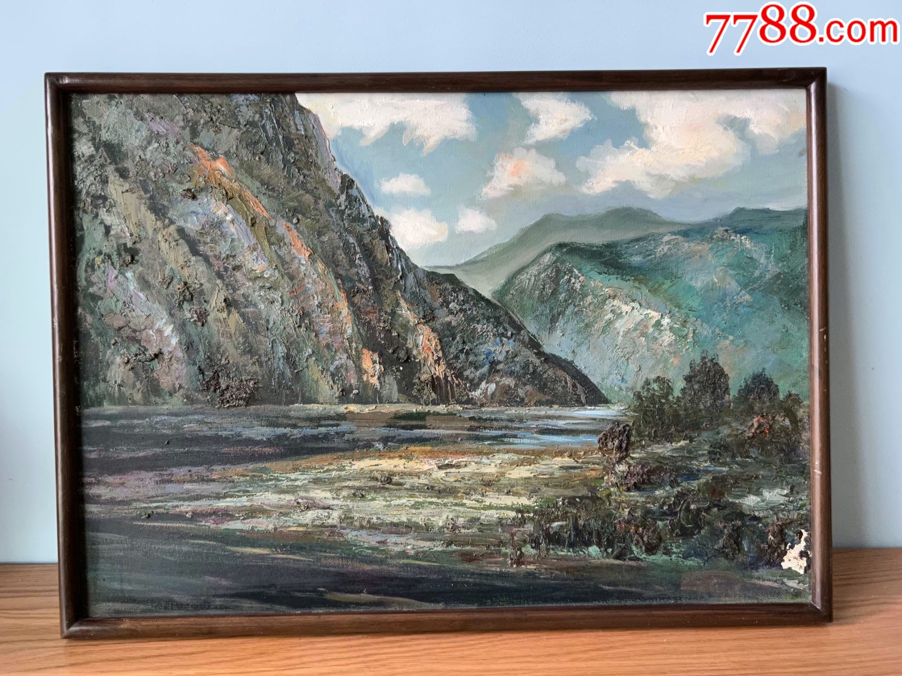 手绘刀笔布面油画原稿原作《山间河流》(带框,佚名)-油画原画-7788