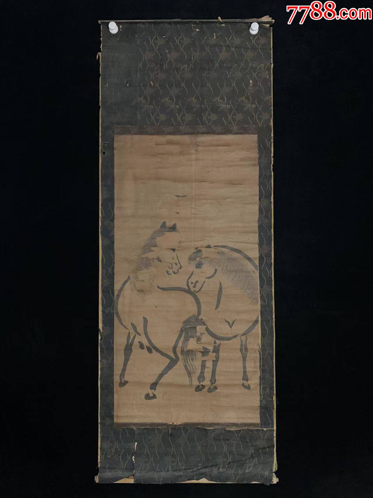 日本回流老字画清早期纸本狩野周信水墨双马图4810中古老画书房-价格