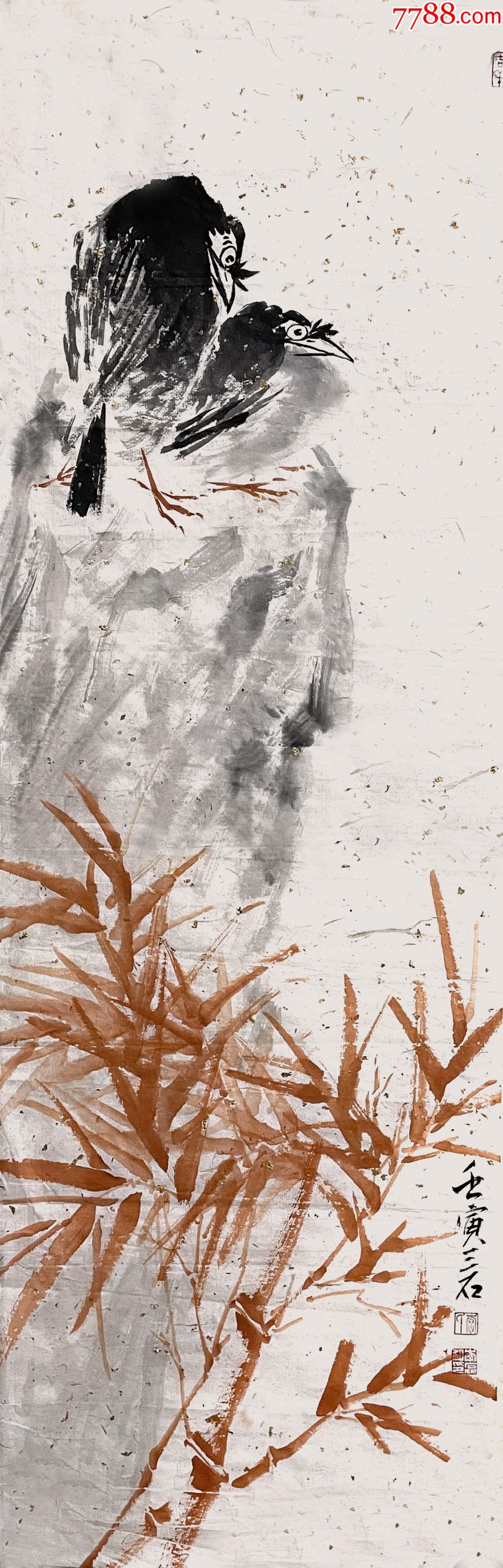 笔名三石江苏赣榆人彩墨花鸟竹石鸟4_花鸟国画原作_大开门真迹字画