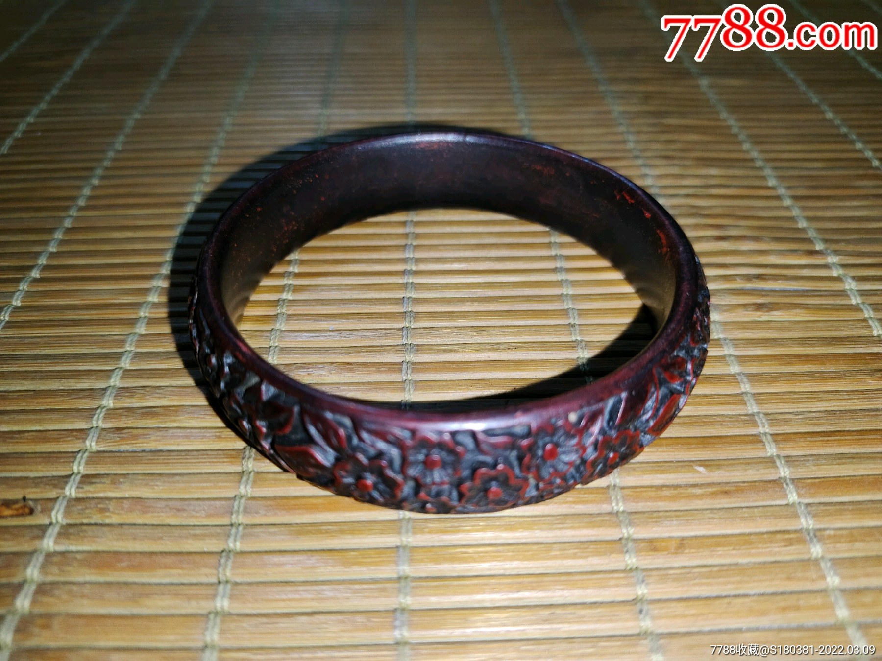 老漆器镯子大漆剔红雕漆花开富贵手镯