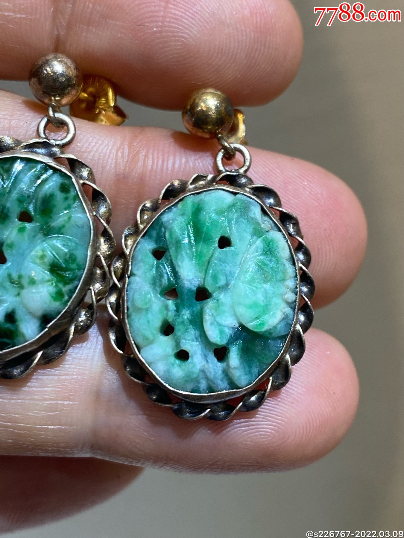 回流纯银镶嵌清代老翡翠耳环一对