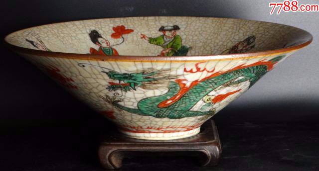 哥釉开片五彩双龙纹斗笠大碗_彩绘瓷/彩瓷_图片鉴赏_收藏价格_7788