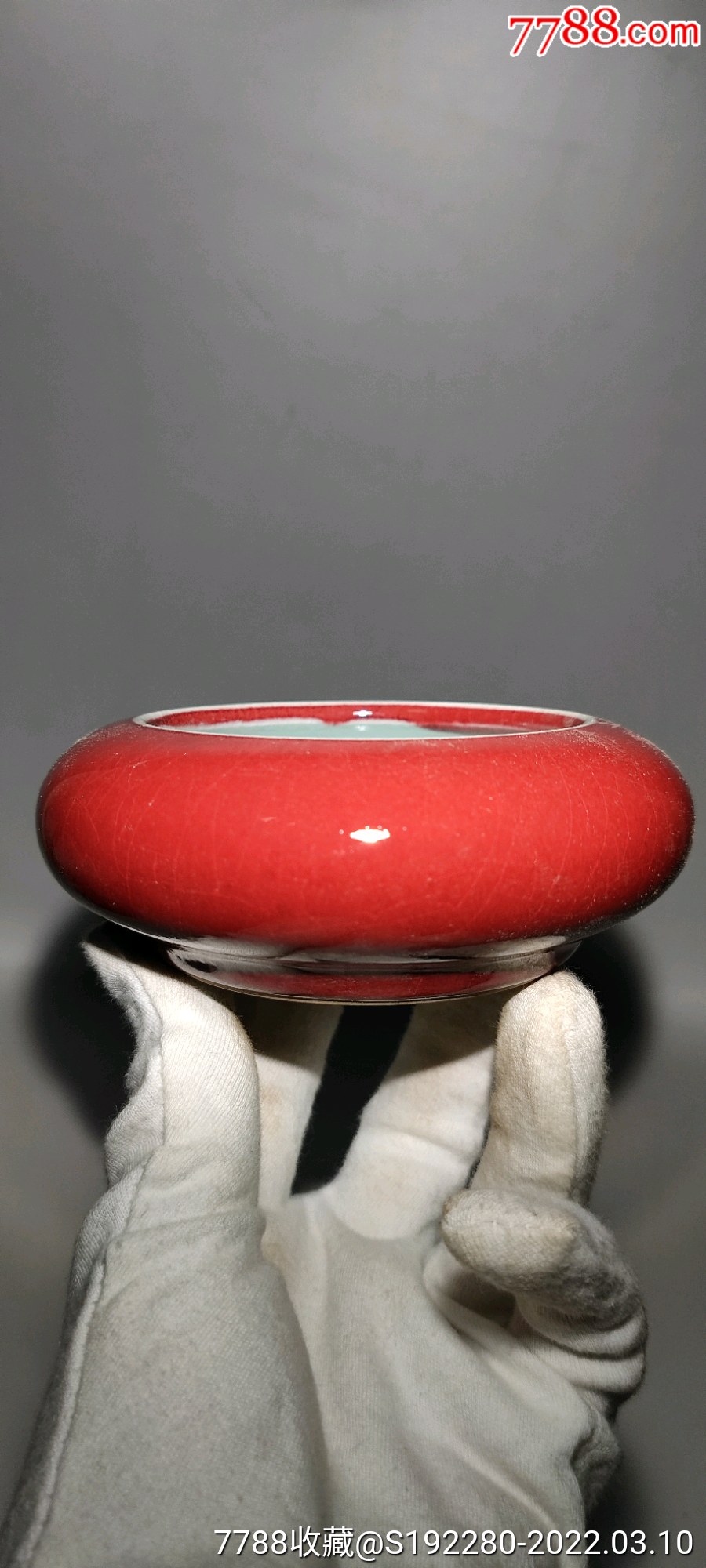 单色釉朱砂红釉镗锣洗笔洗工艺品文房用品火石红明显开片自然直径11
