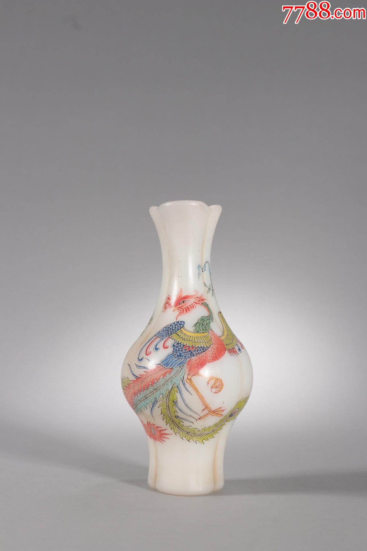 老料器彩绘凤凰牡丹瓶