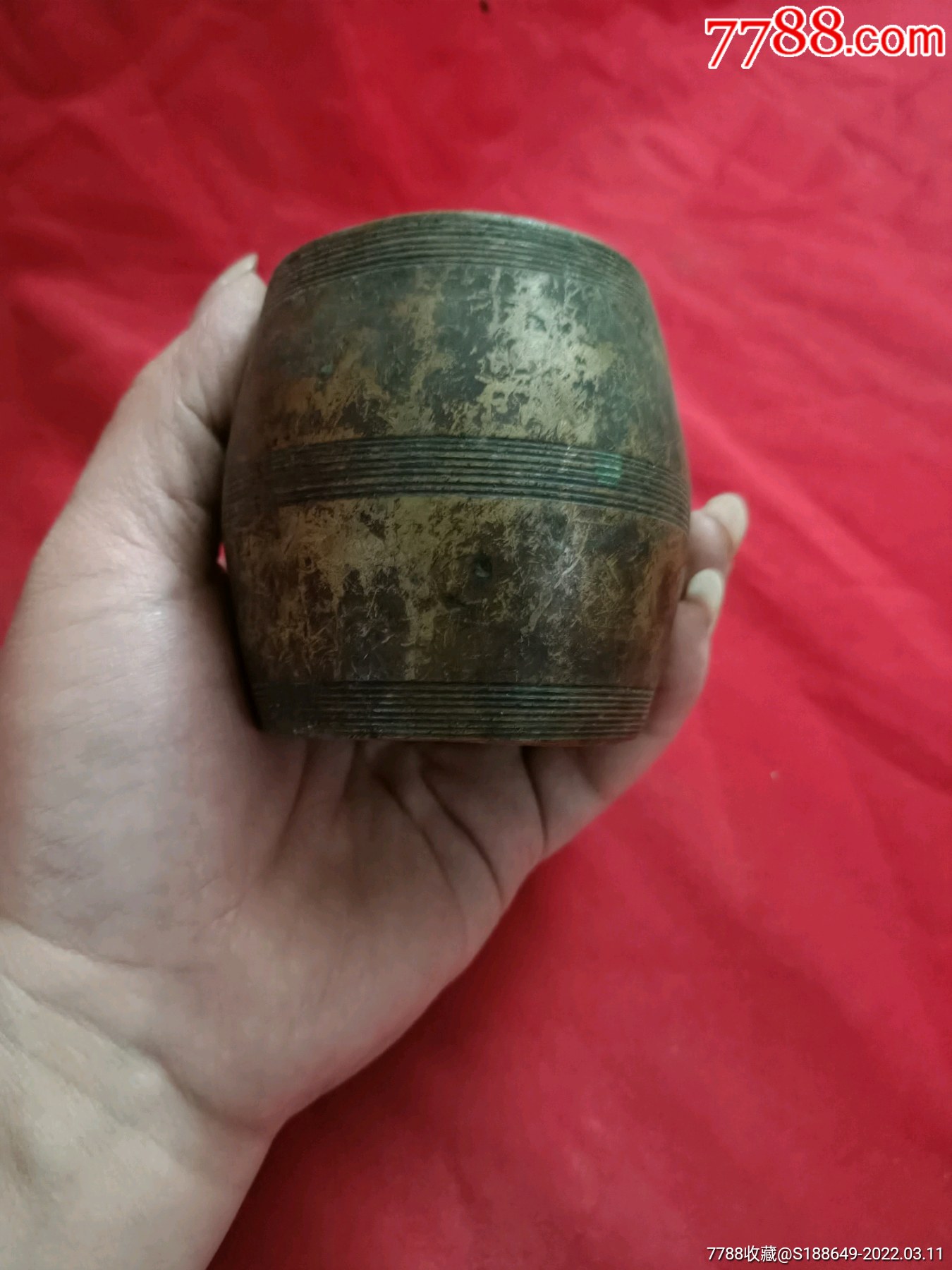 文房重器炫文腰鼓形铜笔洗无漏裂