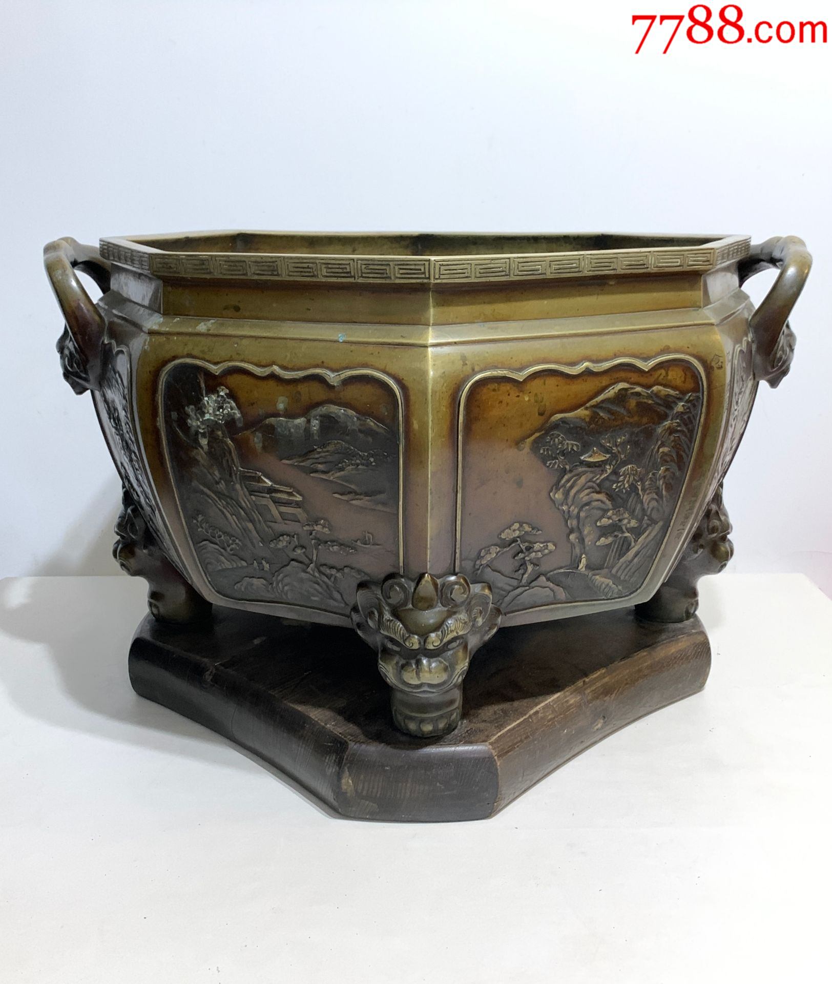 清晩日产山水八角特大铜火钵已鉴定