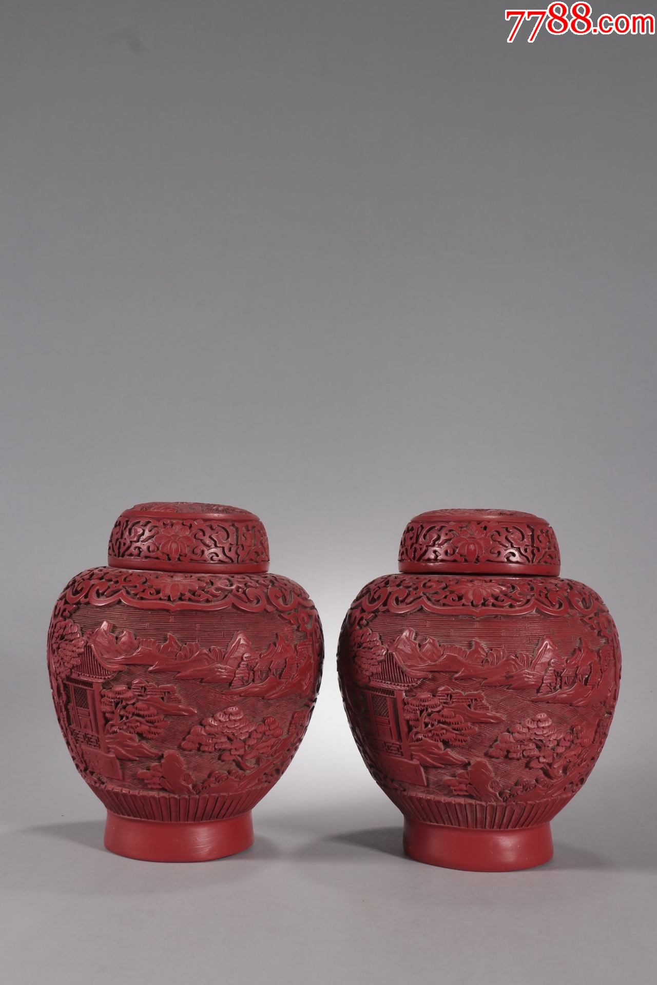 剔红漆器山水意境盖罐一对