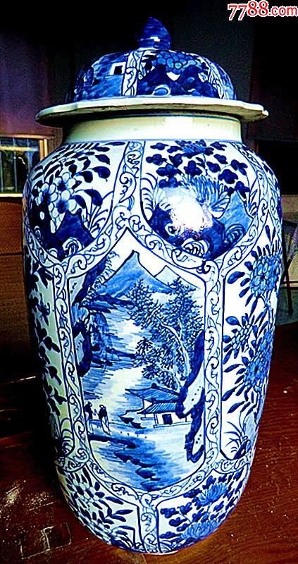 清代康熙外销海捞山水花卉人物来福【萝卜】大盖罐b_青花瓷_闲趣居