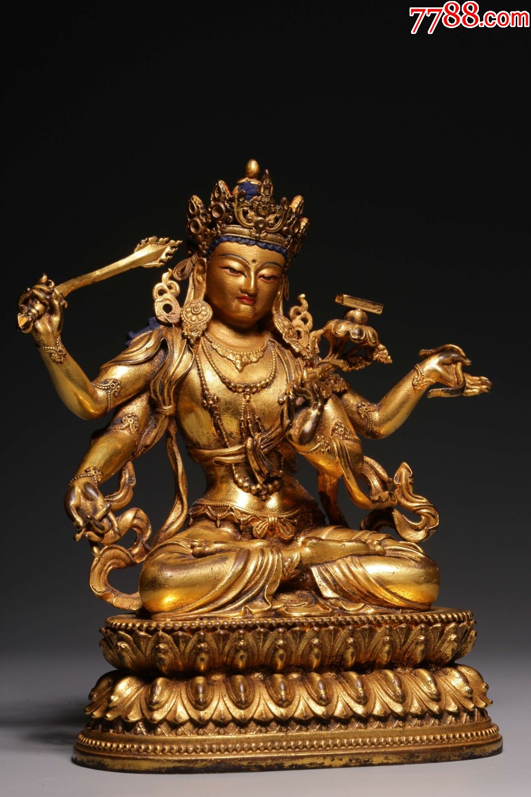 铜鎏金四臂文殊菩萨坐像