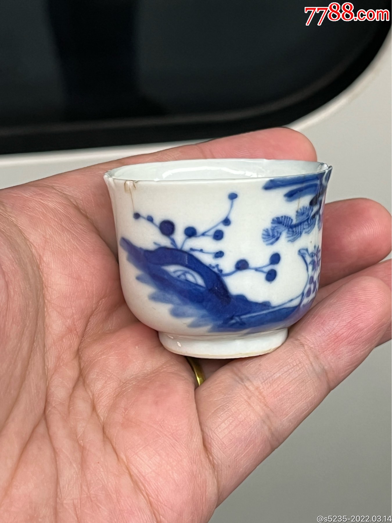 清末民初若深珍藏款松林多秋鹿先知青花茶杯