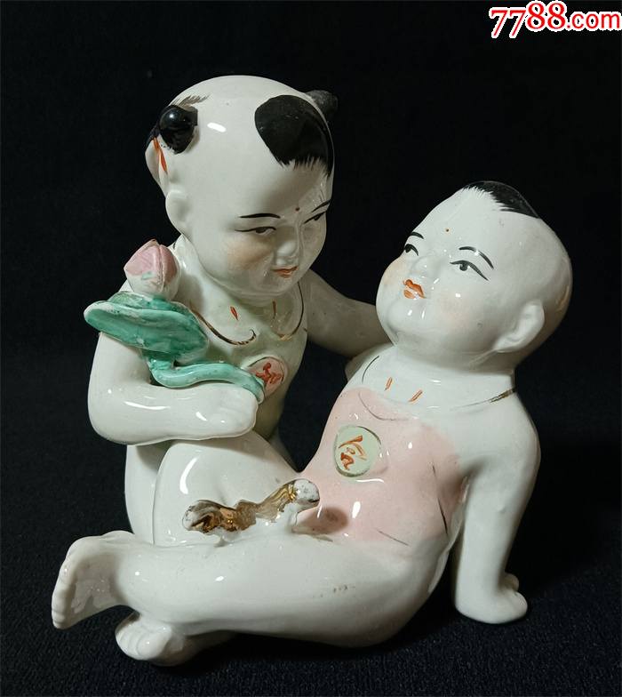 7080年代美术陶瓷工艺品瓷塑摆件和合二仙