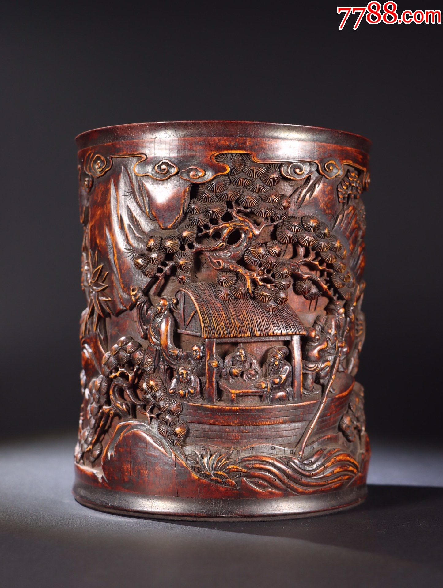 竹雕镶紫檀木满工雕山水人物故事笔筒