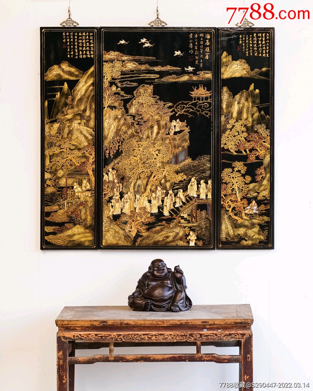 清代海屋添筹图描金漆画挂屏三件套此件此件历经沧桑品相完整包浆浑厚